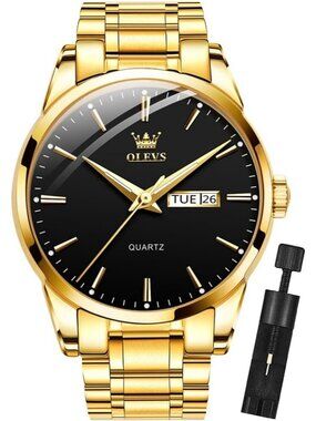 Men's Gold Black Analog Quartz Stainless Steel Luxury Luminous Waterproof Watch